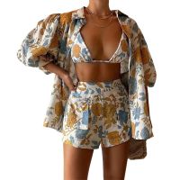 ；【‘；- Fashion Womens Suit Printed Shirt  Suspender Vest Shorts Three-Piece Set Daily Commuting Date Shopping Clothing