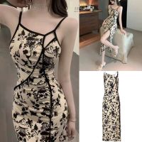 Womens Sleeveless Cheongsam Costume Chinese Traditional Printed Side Slit Bodycon Dress V728