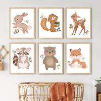 Boho Deer Bear Fox Raccoon Bird Butterfly Nursery Woodland Art ภาพวาดผ้าใบโปสเตอร์และพิมพ์ภาพผนัง Kids Room Decor