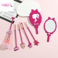 WPRA 5Pcs/set สีชมพูอมชมพู ชุดแปรงแต่งหน้าตุ๊กตาบาร์บี้ เจ้าหญิงสำหรับเด็ก คาวาอิ ชุดแปรงอายแชโดว์ แบบพกพาได้ การ์ตูนลายการ์ตูน กระจกแต่งหน้า ของขวัญสำหรับเด็ก