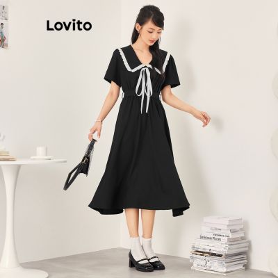 Lovito Casual Plain Contrast Binding Lace Up Draped Bow Dress for Women LNA07018 (Black) Lovito Gaun Pita Terbungkus Pengikat Renda Kontras Polos Kasual untuk Wanita