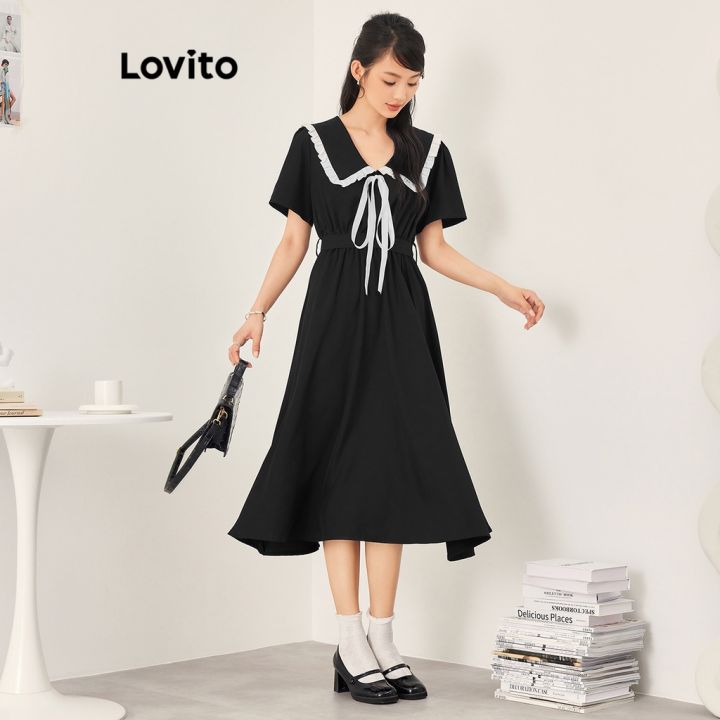 lovito-casual-plain-contrast-binding-lace-up-draped-bow-dress-for-women-lna07018-black-lovito-gaun-pita-terbungkus-pengikat-renda-kontras-polos-kasual-untuk-wanita