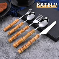 1PCS Nature Bamboo Cutlery Stainless Steel Tableware Steak Knives Fork Coffee Spoon Dessert Fork Dinnerware Kitchen Flatware