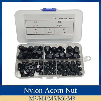 90Pcs M3-M8 Black or White Decorative Plastic Acorn Nuts Assortment kit set Protection Dome Head Decorate Cap Hex Cover Nuts