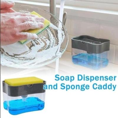 Kitchen 2-in-1 Organiser Sink Caddy Basket Dish Cleaning Soap Pump Dispenser with Sponge Holder Soap Dispenser Container Manual Press Cleaner Tool