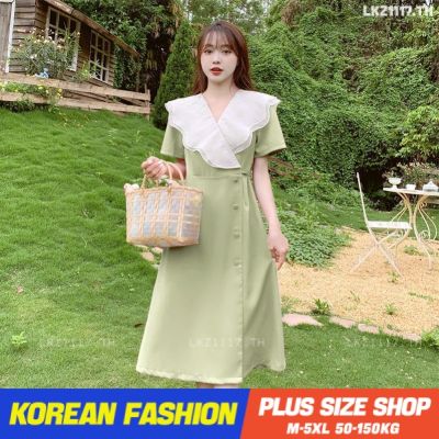 ❃℗ Plus size เสื้อผ้าสาวอวบ❤ เดรสสาวอวบอ้วน ไซส์ใหญ่ ผู้หญิง ชุดเดรสชีฟอง ยาว แขนสั้น คอปก ฤดูร้อน สไตล์เกาหลีแฟชั่น