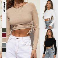 [COD] Cross-border new solid European and fashion drawstring round neck long-sleeved short navel T-shirt street tide brand threaded top