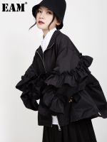 [EAM] Loose Fit Black Ruffles Stitch Big Size Jacket New Lapel Long Sleeve Women Coat Fashion Tide Spring Autumn 2023 1B894