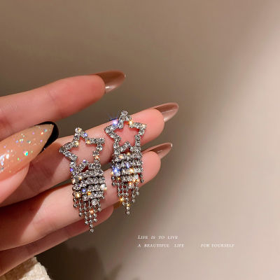 Saibanต่างหูเงินแท้ 925 ประดับเพชรดาวห้าแฉก ต่างหูสตั๊ดสไตล์เกาหลี925 silver needle with diamond five-pointed star tassel earrings Korean style stud earrings