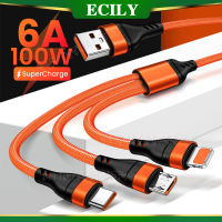 ECILY 6A สายชาร์จซูเปอร์ชาร์จ3 In 1 100W ไมโคร USB Type-C ไมโคร USB ที่ชาร์จไฟไมโครยูเอสบีเร็ว Type-C สายสำหรับข้อมูล iPhone 14 13 Samsung Xiaomi Huawei