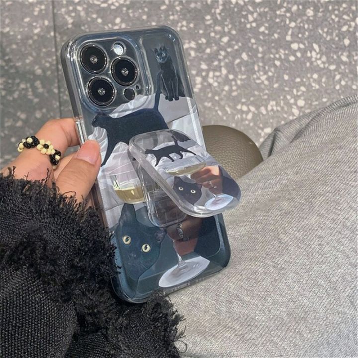 ins-เกาหลี3d-น่ารักสีดำเคสโทรศัพท์ผลักดึงแมวสำหรับ-iphone-13-12-11-pro-xs-max-x-xr-ผู้ถือกันกระแทกแบบใสนุ่ม-carterfa