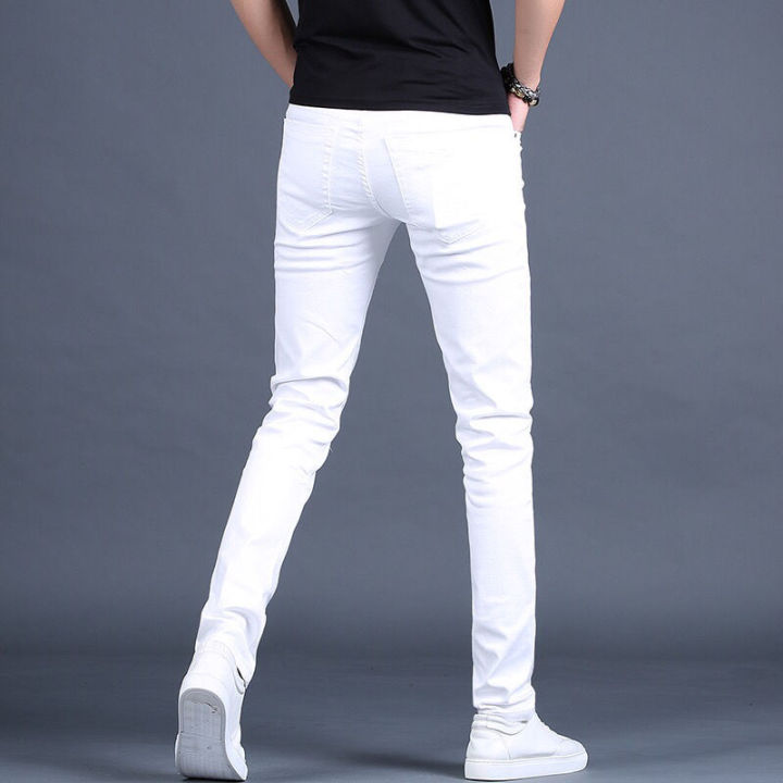 กางเกงผ้าฝ้ายผ้าเดนิมสีขาวกระชับสัดส่วนสำหรับผู้ชาย-กางเกงยีนส์กางเกงลำลองแฟชั่นพิมพ์ลายต่ำสำหรับผู้ชาย