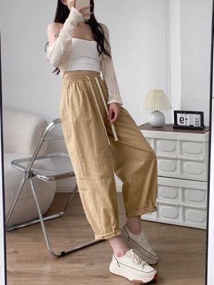 Pure Cotton Womens Cargo Pants 2023 Autumn Elastic Waist Wide Leg Trousers Baggy Capri Harem Pants for Women Straight Slacks