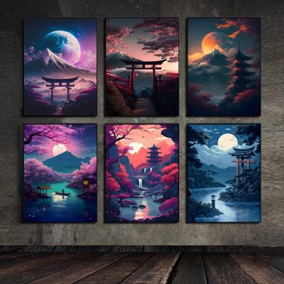 ☃﹉□ 2szs Abstract Mountain Poster Canvas Painting Cyberpunk Landscape Corridor Wall Picture Room Mural