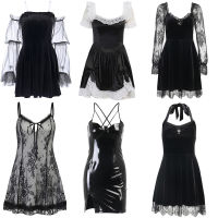 【CW】E-girl Grunge Gothic Black Mini Dress Lace Trim High Waist Bodycon Dress Y2K Women 90s Vintage. Punk Harajuku Lolita Clothes