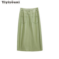 Yiyiyouni High Waist Front Split Leather Skirt Women Autumn Winter Straight Mid-Calf Skirts Female Office Lady Solid Faldas 2021