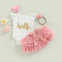 0-12M Baby Girls Summer Outfit Sets White Flying Sleeve Letter Print Romper Tulle Skirt + Headband  by Hs2023