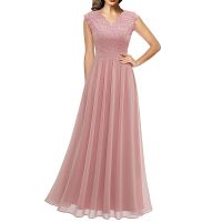 【YF】 Womens V Neck Sleeveless Lace Patchwork Chiffon Wedding Party Bridesmaid Long Dress