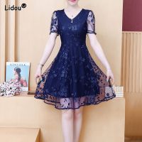 ZZOOI Female Solid Color Elegant Lace V-neck Short Sleeved Fashion A-line Skirt Hot Selling Summer Empire Dress Womens Clothing 2022