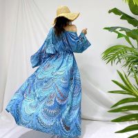 COD DSFDGESERRRRR New Elegant Blue Long Sleeve Kimono Cardigan Long Lace-up Sun Protection Quick Dry Printing Kaftan Batik Female Seaside Swimwear Beach Dress