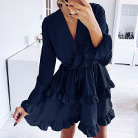 CVYATAYA Spring Summer Fashion Ruffles Solid V Neck Dress Women Flared Sleeves Sashes A-Line Slim Mini Party Dresses 2021