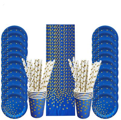 Blue Golden Dots Disposable Tableware Set Paper Plates Straws Cups for Wedding Christmas Baby Shower Birthday Party Decorations