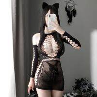 Sexy Hollow Out Breasts Charming Pussycat Mesh Dress Set Black Silk Clothing Support ชุดชั้นในเซ็กซี่ ชุดนอนไม่ไ้นอน งานเปิดชุดนอน ชุดสลิป ชุดนอนลูกไม้ผู้หญิง