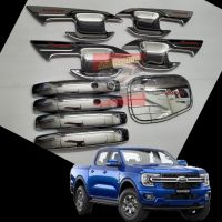 ถ้วยรองมือเปิด / มือจับ / ฝาถัง โครเมี่ยม โลโก้แดง ฟอร์ด เรนเจอร์ Ford Ranger ปี 2022 รุ่น /4 ประตู เบ้ามือจับ ถาดปีก / ฝาถัง โครเมี่ยม โลโก้สีแดง