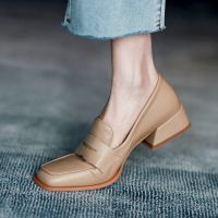 Loafers shoes womens 2020 new spring and autumn square toe soft leather one-pedal loafers deep mouth mid-heel thick heel all-match single shoes women