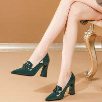 ร้อน, ร้อน★CVE097 Ink green patent leather single shoes female 2021 spring new fashion horse rack pointer shoes shallow mouth thick with high heels