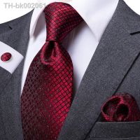 ▪☄ Hi-Tie Designer Red Burgundy Plaid Silk Wedding Tie For Men Handky Cufflink Gift Mens Necktie Fashion Business Party Dropshiping