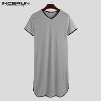 INCERUN Men Robes Homewear Patchwork V Neck Short Sleeve Soft Bathrobes Comfortable Men Nightgown Leisure Dressing Gown S-5XL