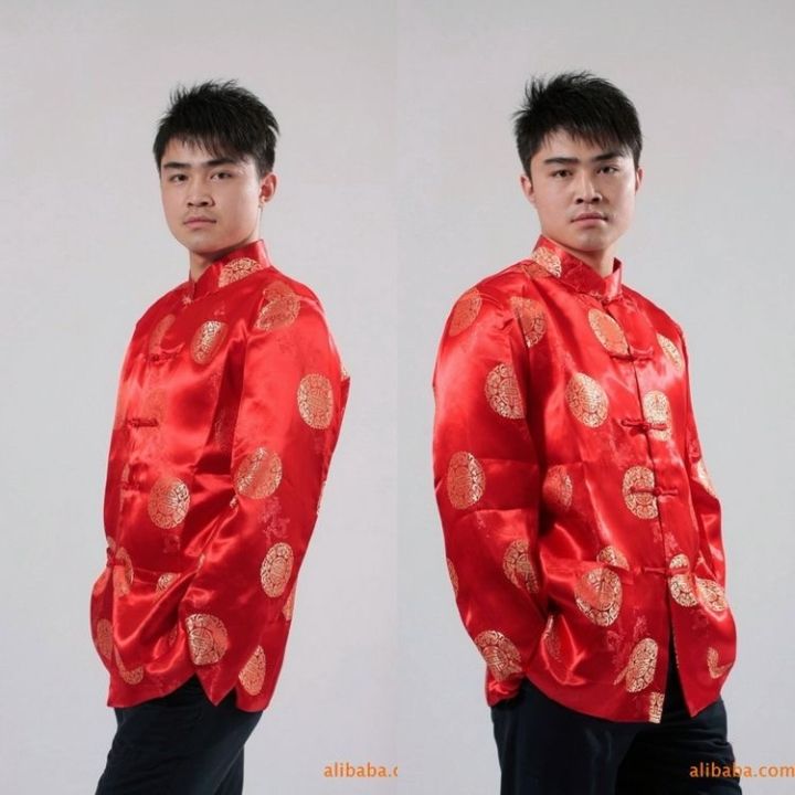 ผู้ชายสีแดงชุดปีใหม่ผู้ชายแขนยาวย้อนยุค-tang-ชุดเสื้อจีน