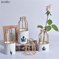 (Gold Seller) Nordic Artificial Flower Vase Creative Hand Painted Green Leaves Iron Hydroponic Ceramic Vase Home Office Desktop Decoration