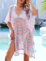 ผู้หญิงบิกินี่ Cover-Ups Contrast Color V คอ See-Through Hollow-Out Beach ถักมินิเดรสชุดว่ายน้ำครีมกันแดด Blouse