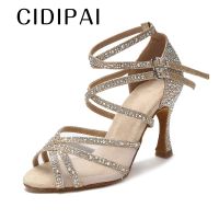 CIDIPAI Latin Dance Shoes Woman Silk Satin Dance Sandals   Ballroom Dance Shoes Soft Bottom Rhinestones Wedding Shoes Women