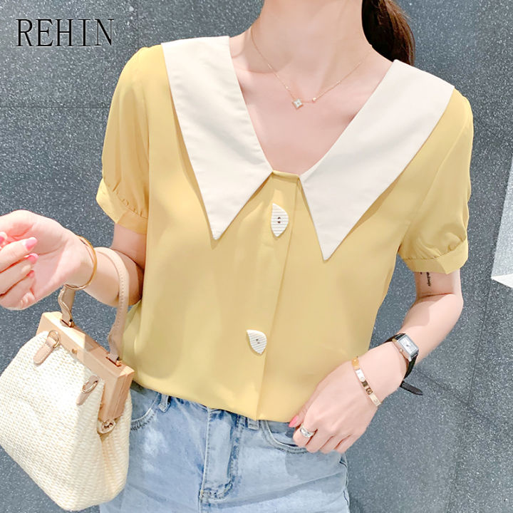 rehin-เสื้อเชิ้ตชีฟองแขนสั้นคอวีแบบฝรั่งเศส-เสื้อสีดำผูกโบว์บล็อกสีสำหรับผู้หญิงเสื้อฤดูร้อน