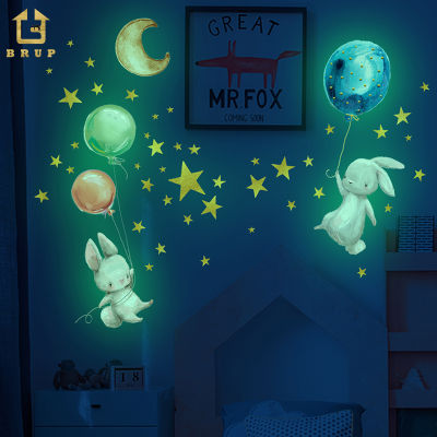 Luminous Bunny Balloons Stars Wall Stickers Glow in the Dark Kids Room Wall Decals for Bedroom Kids Toy Decorative Stickers PVC