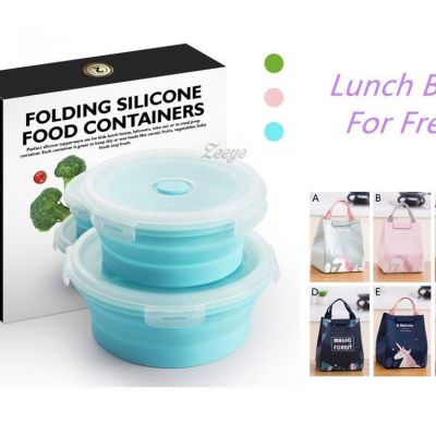 2Pcs/Set Silicone Collapsible Lunch Box Food Container Box BPA Free Portable Picnic Camping Rectangle with Free Lunch Bag