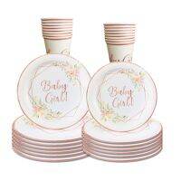 10 Guests Baby Girl Disposable Tableware Rose Golden Baby Girl Plates Cups Napkins Happy Girls One Birthday Party Supplies