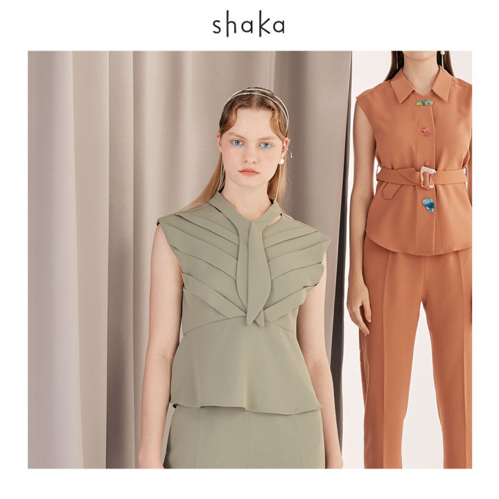 shaka-ss21-s-tie-peplum-blouse-เสื้อแขนกุด-ทรงpeplum-ตีเกล็ด-icon-tuck-ปกเสื้อ-s-curve-ปลายยาว-bl-s210201