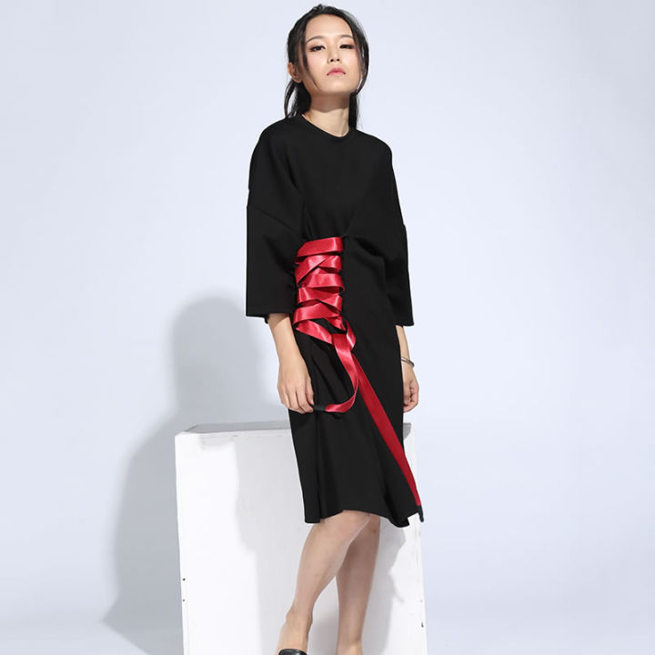 xitao-dress-fashion-bandage-decoration-womens-loose-fitting-casual-black-t-shirt-dress