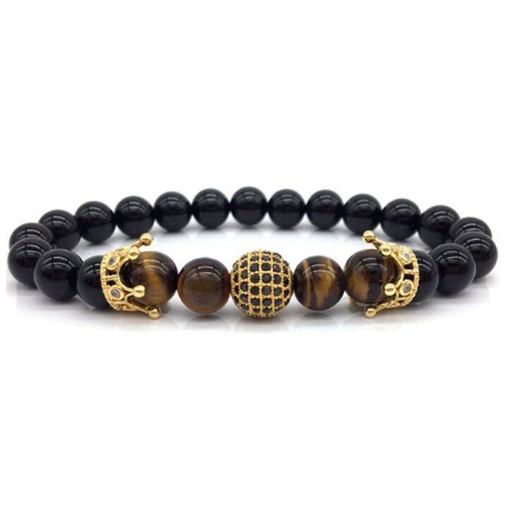 มงกุฎสร้อยข้อมือที่มีเสน่ห์สำหรับผู้หญิง-cz-king-ลูกปัดหินหินโอนิกซ์สีด้านธรรมชาติสำหรับผู้ชายปรับขนาดได้ใหม่ทันสมัย