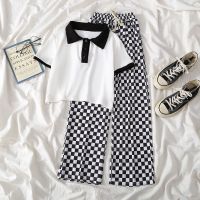 HOT★หญิงฤดูร้อนชุดเด็ก Checkerboard กางเกง + แขนสั้นเสื้อยืด2ชิ้นกางเกงขากว้าง3-12Y