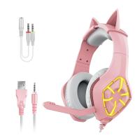 【Undine earphone】ชุดหูฟังแบบมีสาย Gamer ชุดหูฟังหูสีชมพูพร้อมไมโครโฟนชุดหูฟังสำหรับเล่นเกมตัดเสียงรบกวนสำหรับเล่นเกมไฟ Led