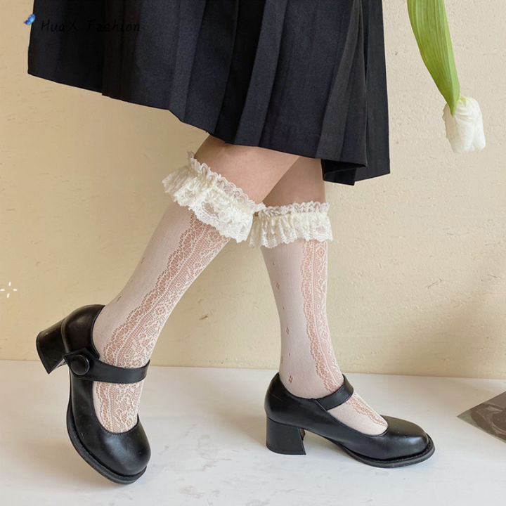 huax-1คู่ถุงเท้าผู้หญิงไนลอน-animation-สีทึบลูกไม้กลางหลอด-over-ถุงเท้าระดับเข่า