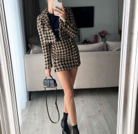 XEASY 2021 Tweed Women Two-piece Set Houndstooth Vintage Office Lady Short Blazer Female Casual Slim High Waist Skirt Suit