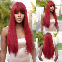 Light Wine Red Synthetic Wigs With Bangs for Women Long Straight Hair Wig Natural Cosplay Party Heat Resistant [ Hot sell ] Toy Center 2