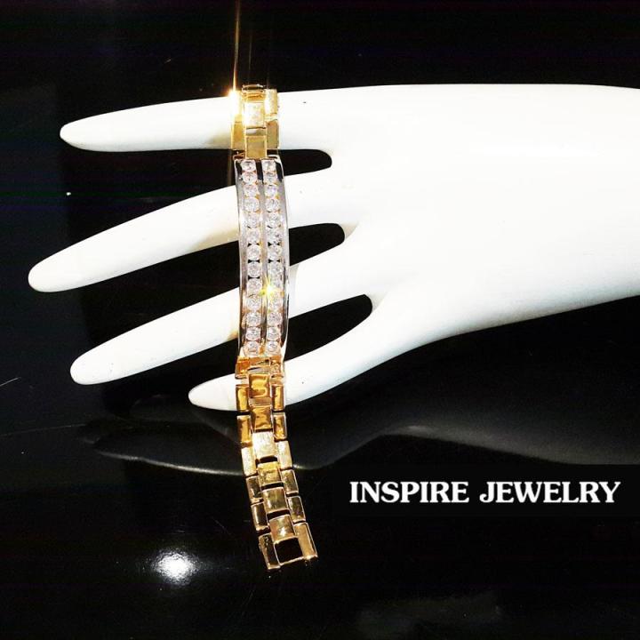 inspire-jewelry-สร้อยข้อมือฝังเพชรสวิสเรียงสองแถว-หรือสามแถว-ให้เลือกใส่-เลตเพชรสวิส-น้ำงามเกรด-aaa-งานจิวเวลลี่-ยาว-18-gold-plated-diamond-clonning