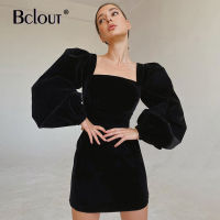 Bclout Elegant Black Square Collar Velvet Dress For Women y Long Sleeve Bodycon Pencil Dress Zipper Party Mini Dresses Autumn